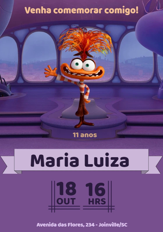 Convite Divertida Mente 2 Ansiedade para Aniversário Editável