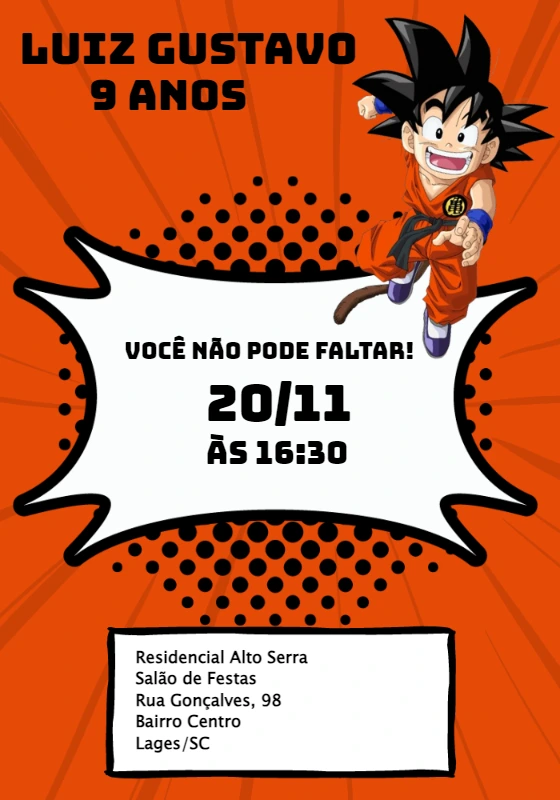 Convite de Aniversário Goku Editável para Festa Dragon Ball