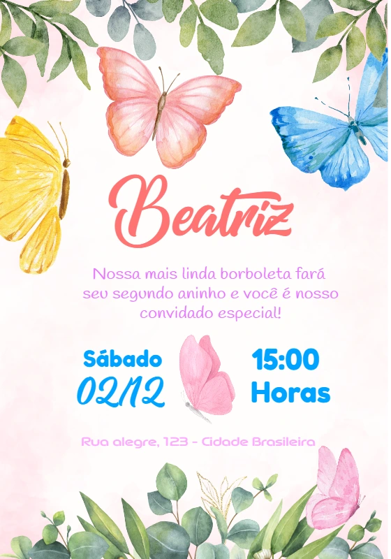 Convite Aniversário Jardim das Borboletas para Editar Online