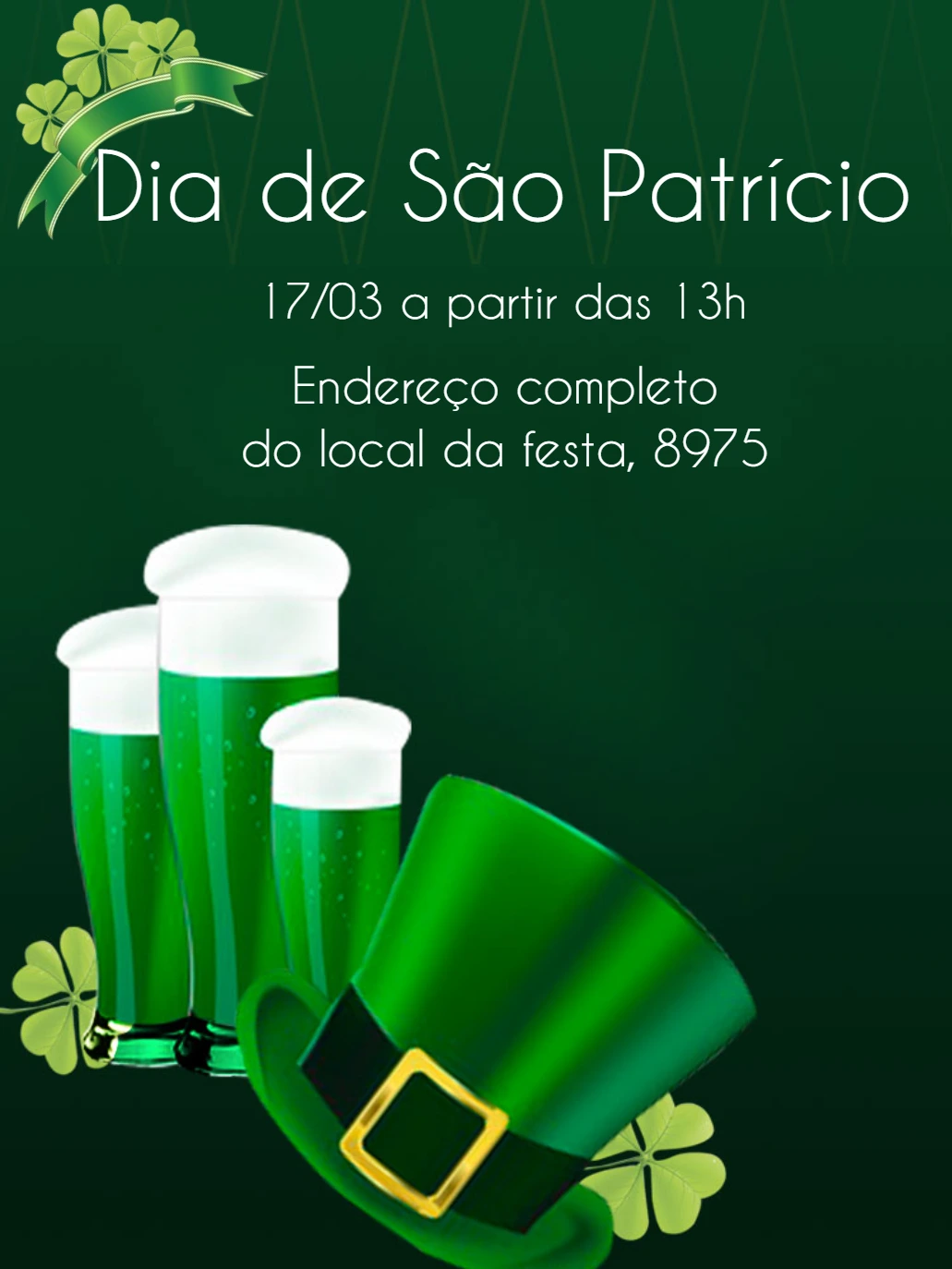 Convite Dia de São Patrício com Trevos e Cerveja para Editar