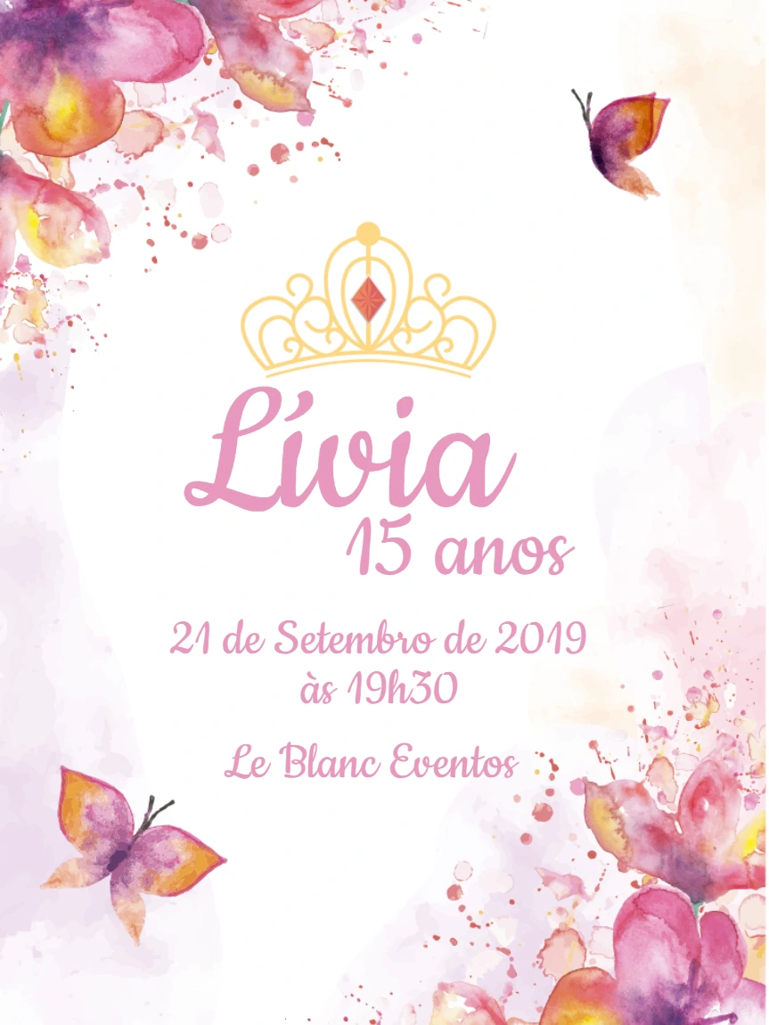 Convite 15 Anos Aquarela Borboletas para Editar Online