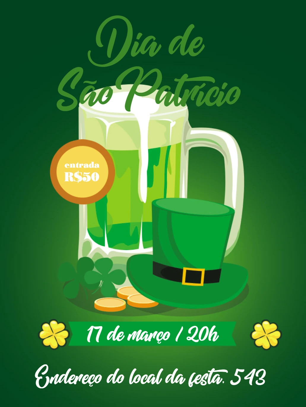 Convite Dia de São Patrício com Cerveja e Trevos para Editar