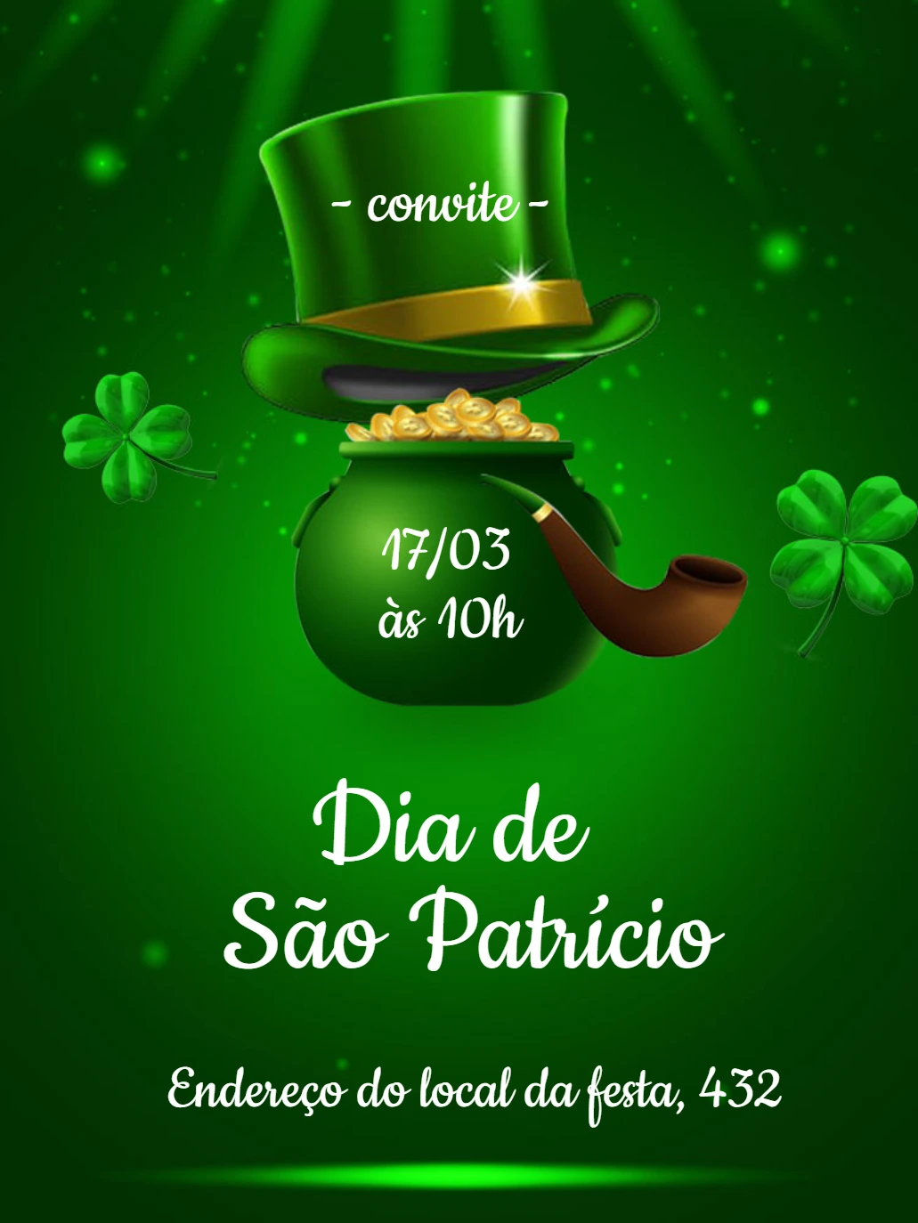Convite Dia de São Patrício com Trevos e Pote de Ouro Editável