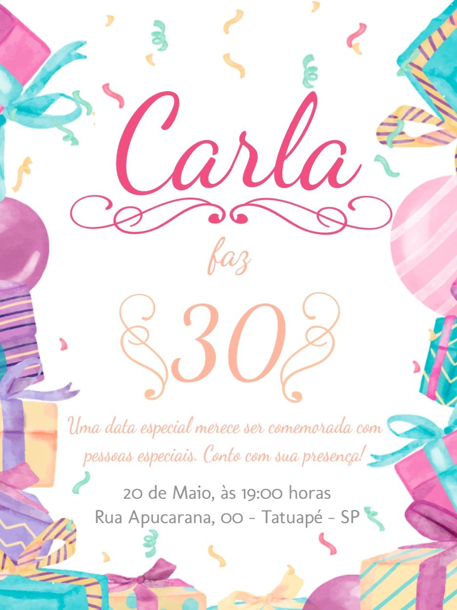 Convite de Aniversário Feminino Aquarela para Editar Online