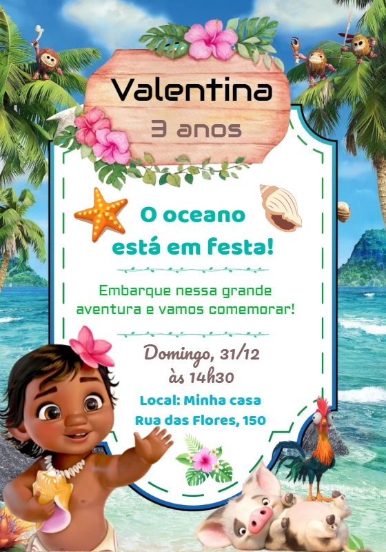 Convite Aniversário Moana Baby para Editar e Imprimir Online