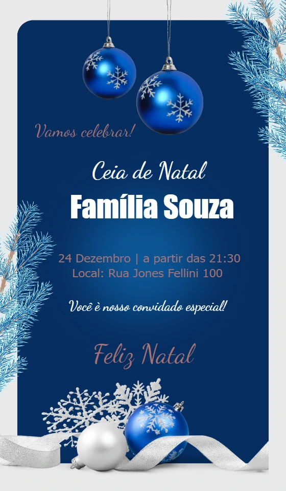 Convite de Natal Azul e Prata para Editar Online