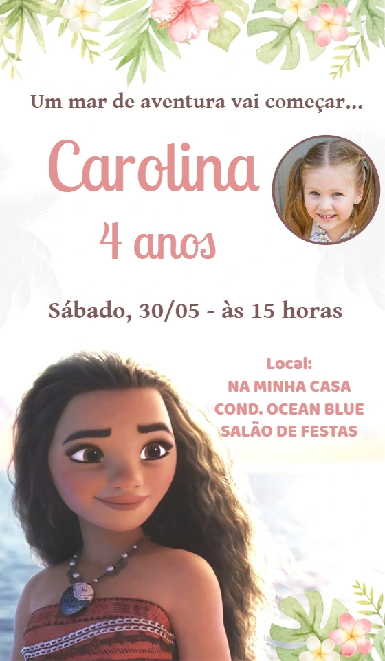 Convite Aniversário Moana com Foto para Editar Online