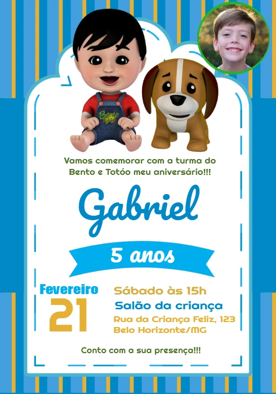 Convite Aniversário Bento e Totó com Foto para Editar Online
