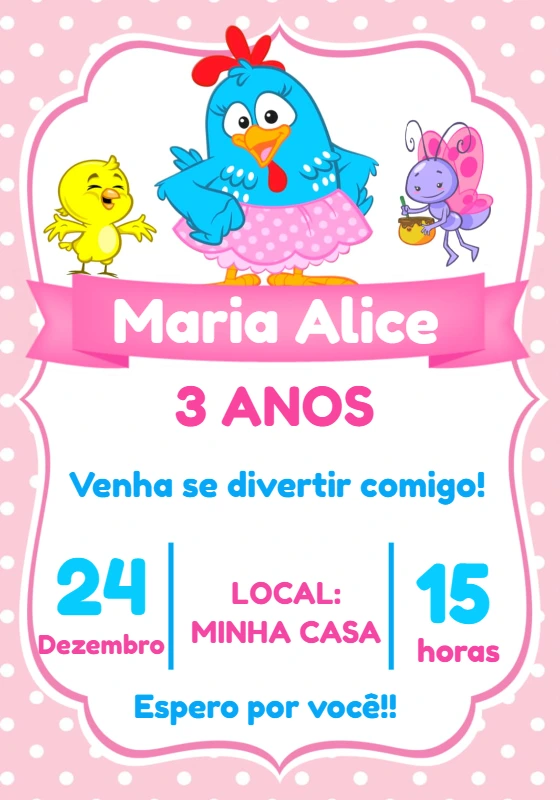 Convite de Aniversário Galinha Pintadinha Rosa para Editar
