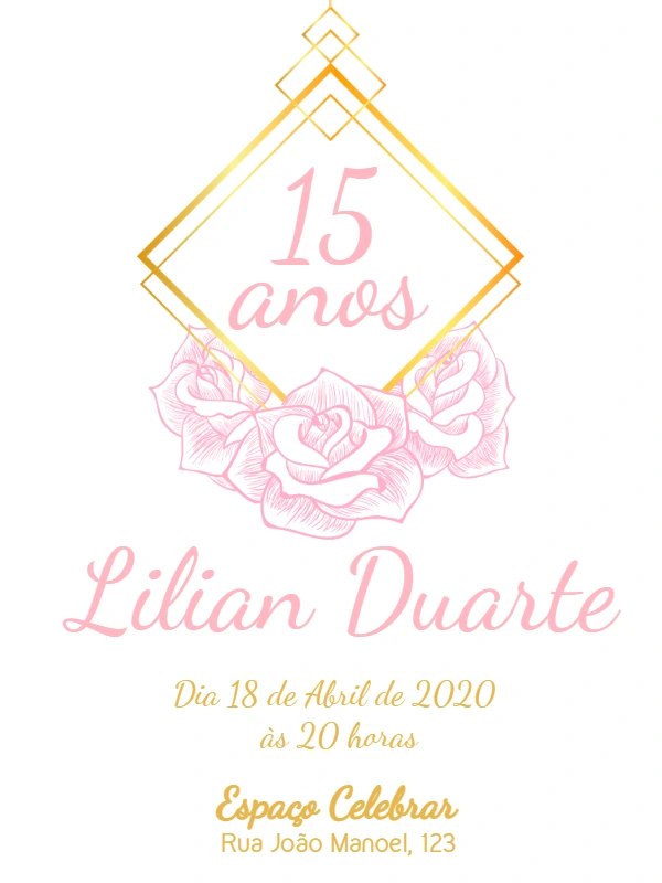 Convite 15 Anos Floral Rosa e Dourado para Editar Online