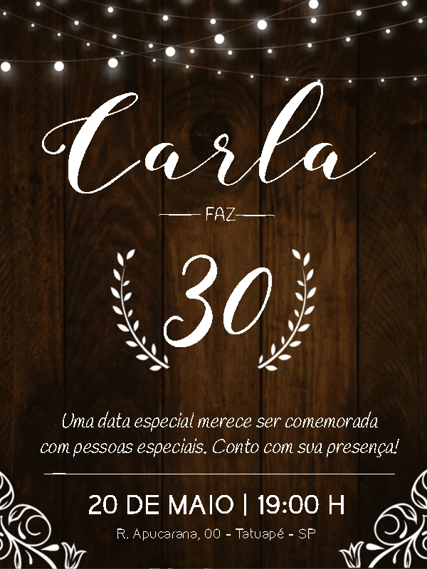 Convite de Aniversário Rústico com Luzes para Editar Online