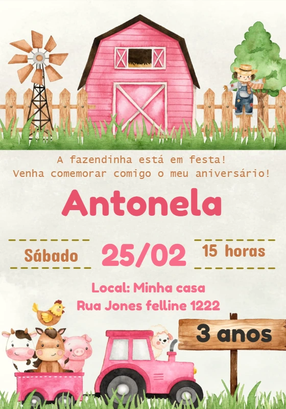 Convite Aniversário Fazendinha Rosa para Editar Online