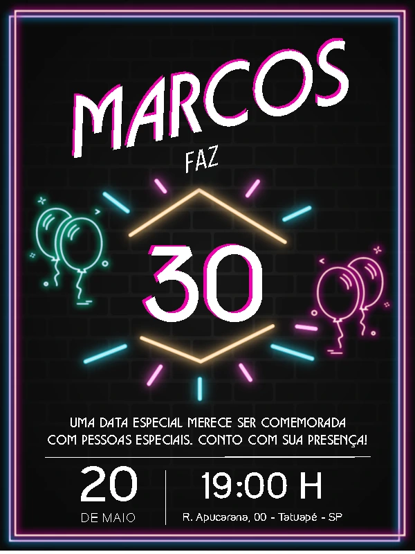 Convite de Aniversário Neon Led para Editar Online