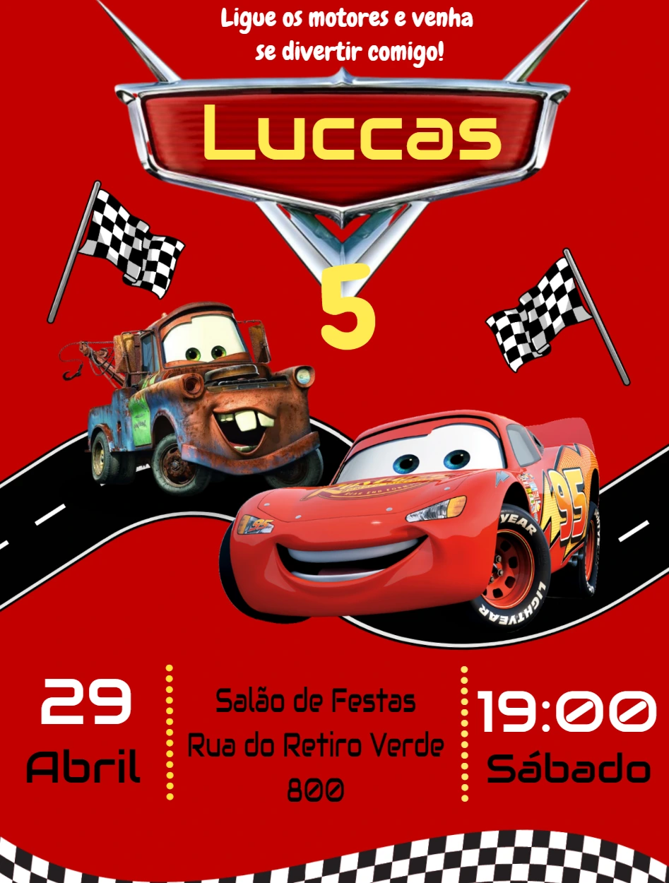 Convite de Aniversário Carros Editável com Personagens