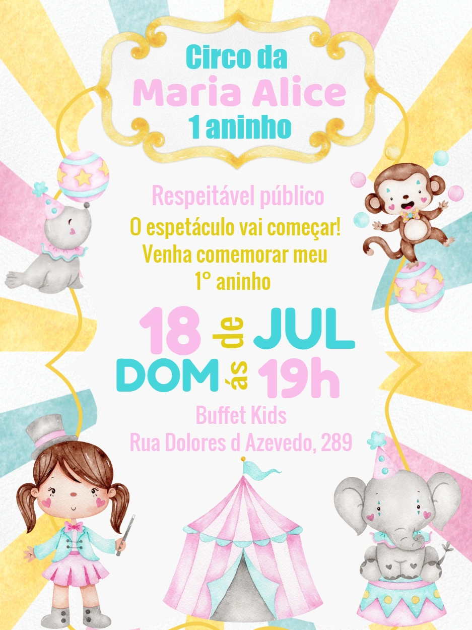 Convite Aniversário Circo Rosa para Menina para Editar Online