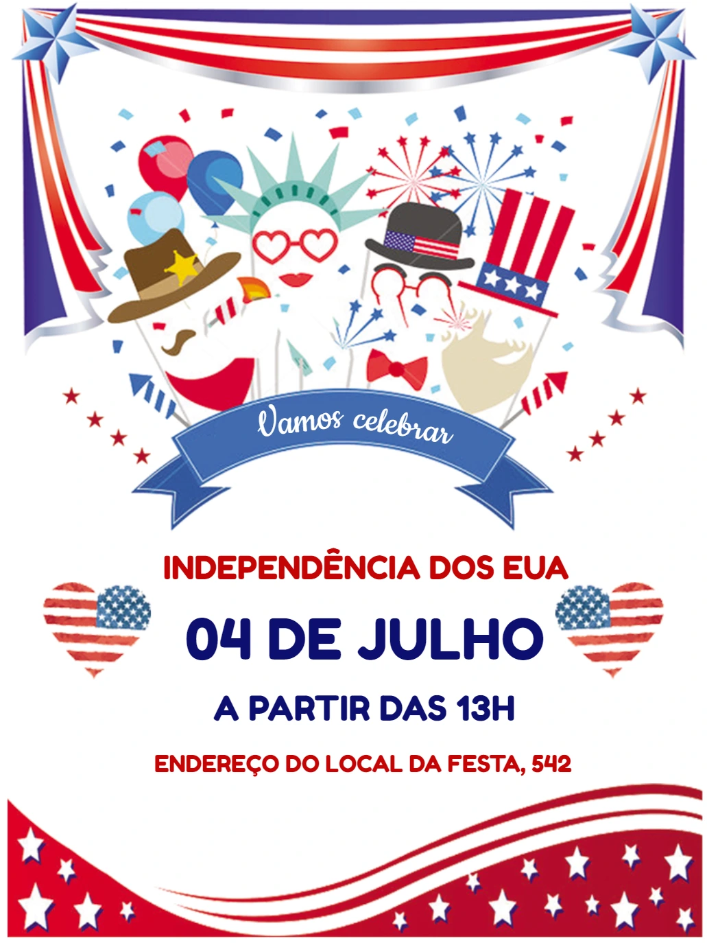 Convite Festa 4 de Julho Patriótico para Editar e Enviar