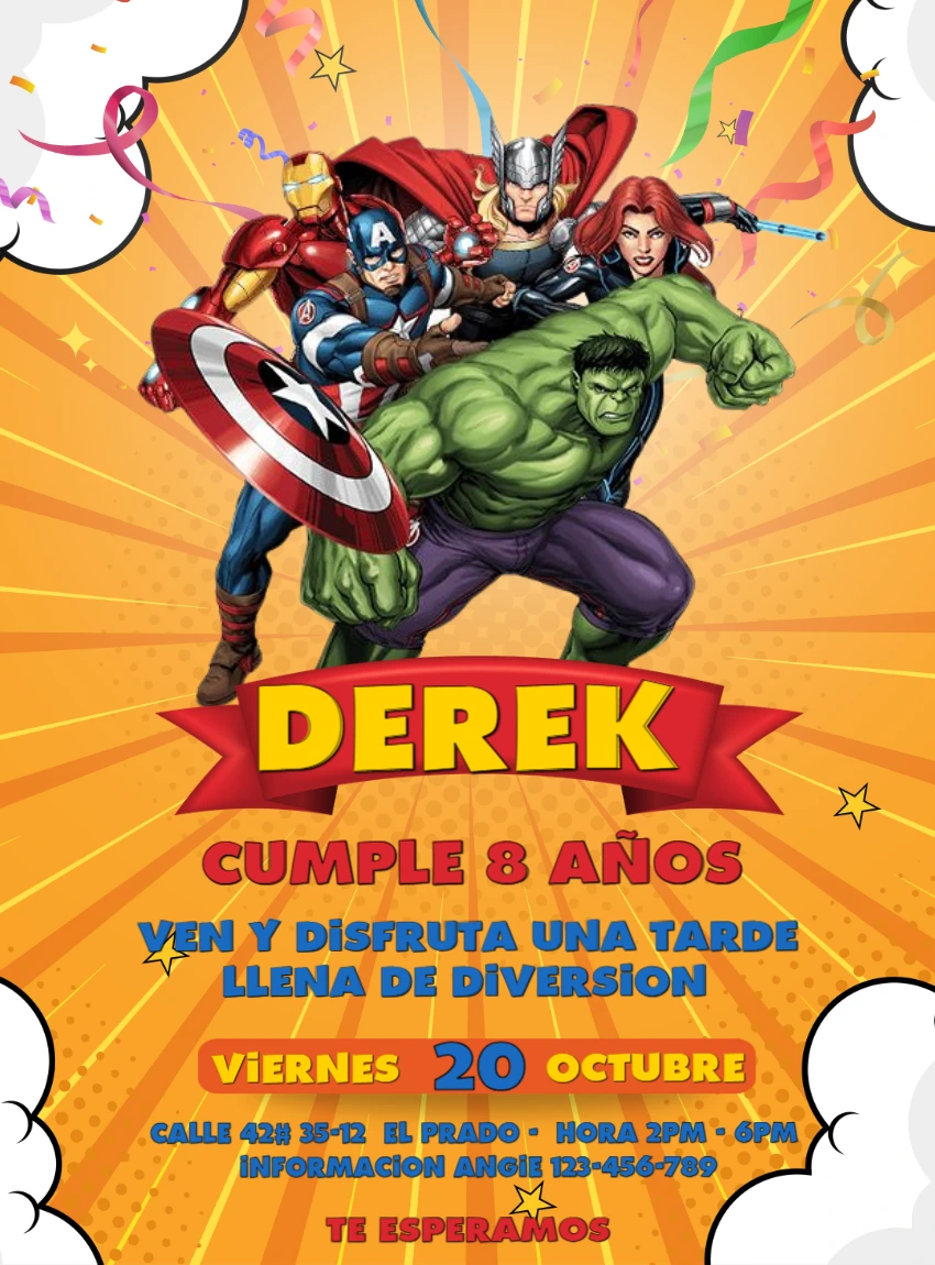 Invitación de Cumpleaños Vengadores Estilo Cómic para Editar