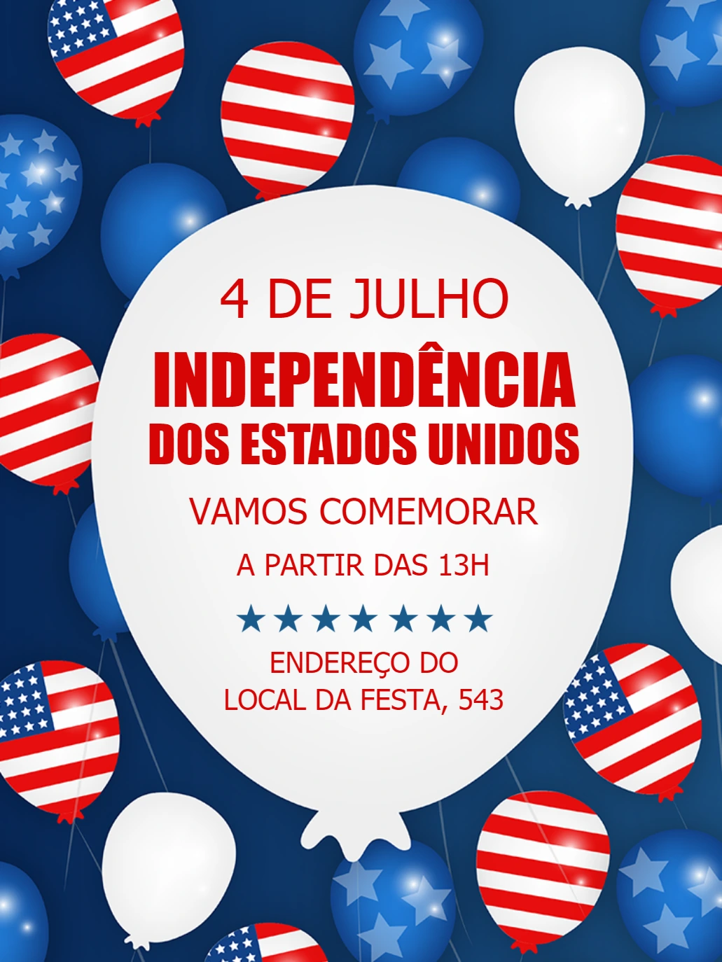 Convite 4 de Julho com Balões Patrióticos para Editar Online
