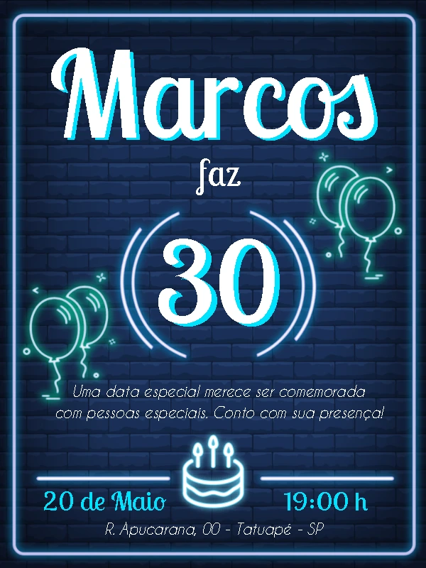 Convite de Aniversário Masculino Neon para Editar Online