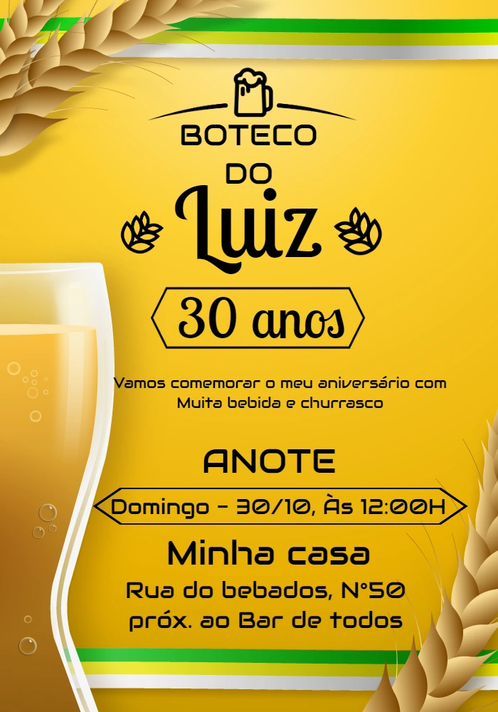 Convite de Aniversário Boteco com Cerveja para Editar Online