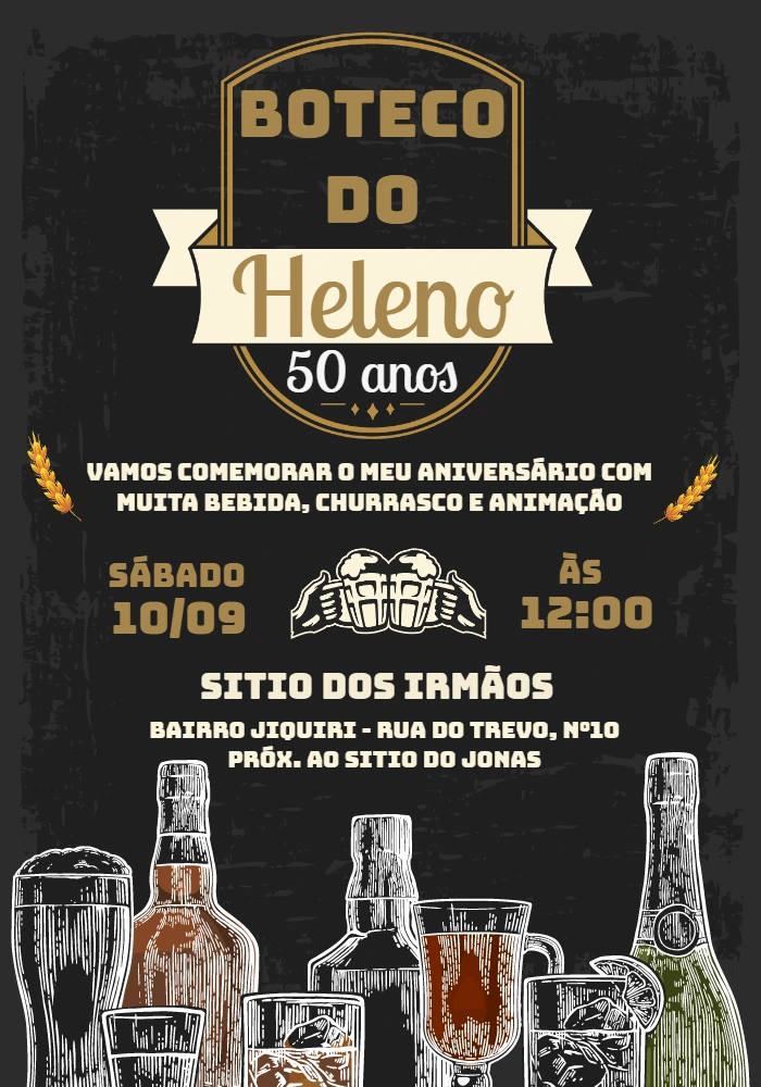 Convite de Aniversário Tema Boteco para Editar Online