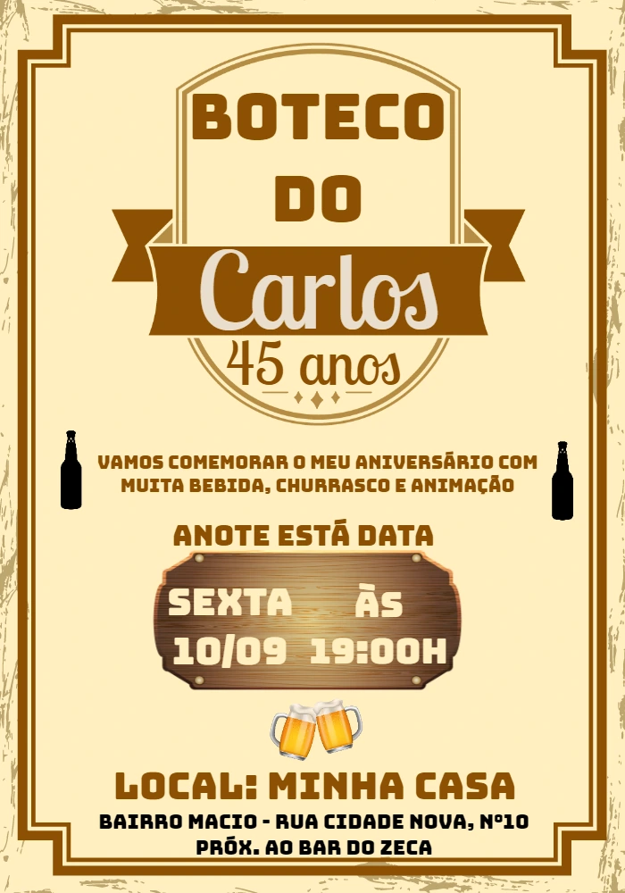 Convite de Aniversário Boteco Masculino para Editar Online