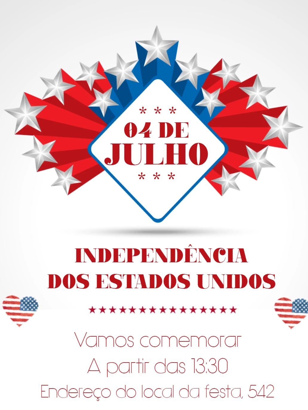 Convite 4 de Julho com Estrelas e Bandeira para Editar Online