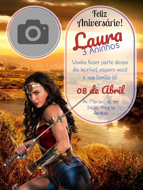 Convite Aniversário Mulher Maravilha com Foto para Editar