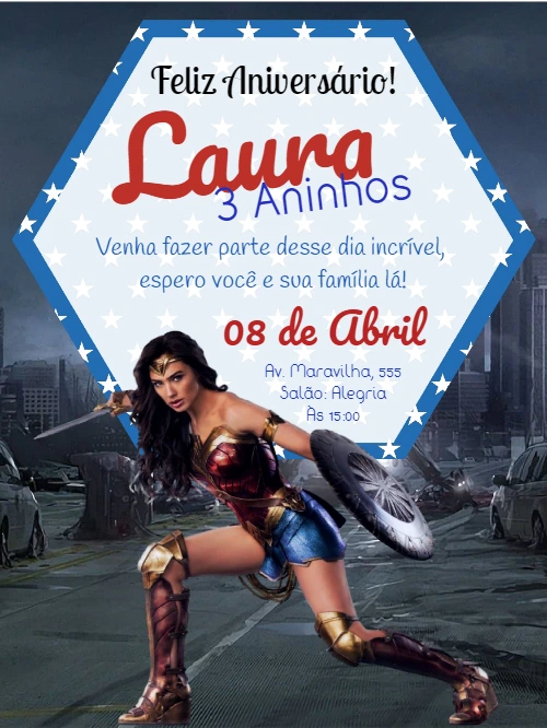 Convite de Aniversário Mulher Maravilha Editável Online