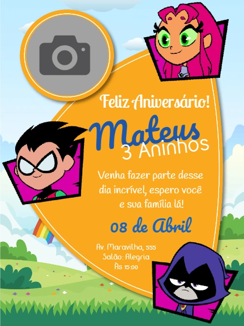 Convite de Aniversário Jovens Titãs com Foto para Editar