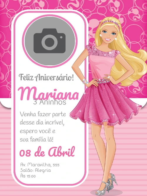 Convite de Aniversário Barbie com Foto para Editar Online Grátis