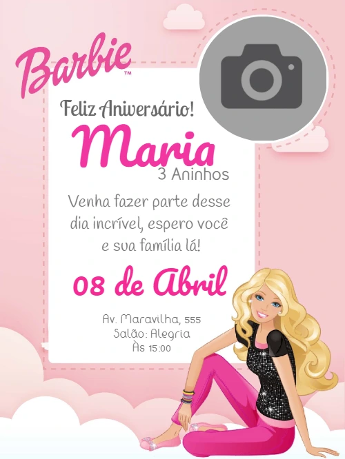 Convite de Aniversário Barbie com Foto para Editar Online