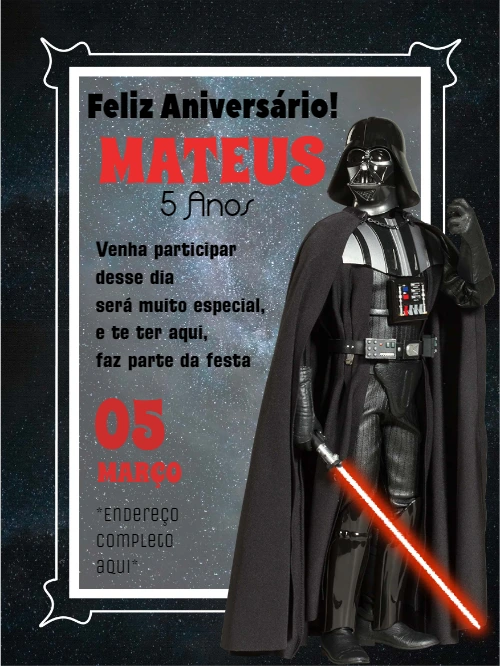 Convite de Aniversário Star Wars com Darth Vader para Editar
