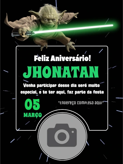 Convite de Aniversário Star Wars Yoda com Foto para Editar