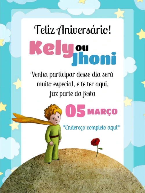 Convite de Aniversário Pequeno Príncipe para Editar Online