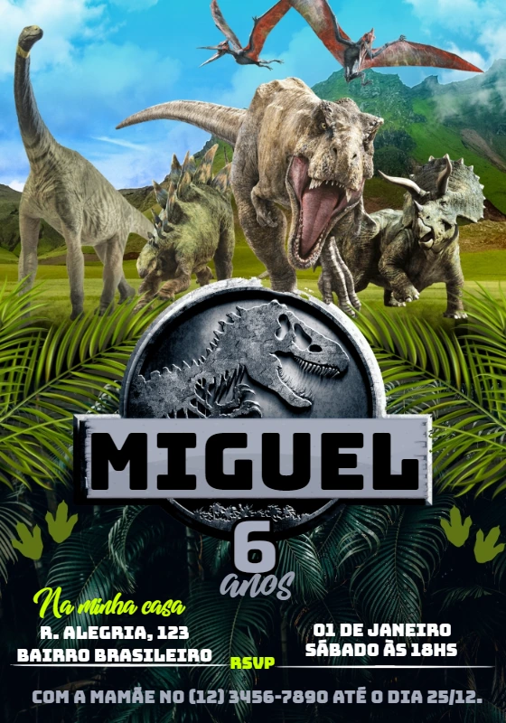 Convite de Aniversário Dinossauros Jurassic World Editável Online