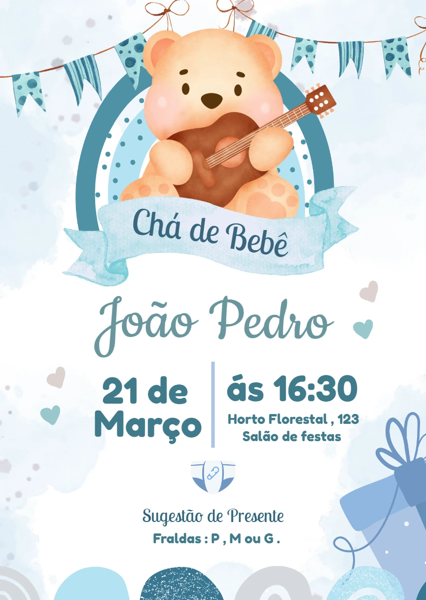 Convite Chá de Bebê Ursinho Menino para Editar Online