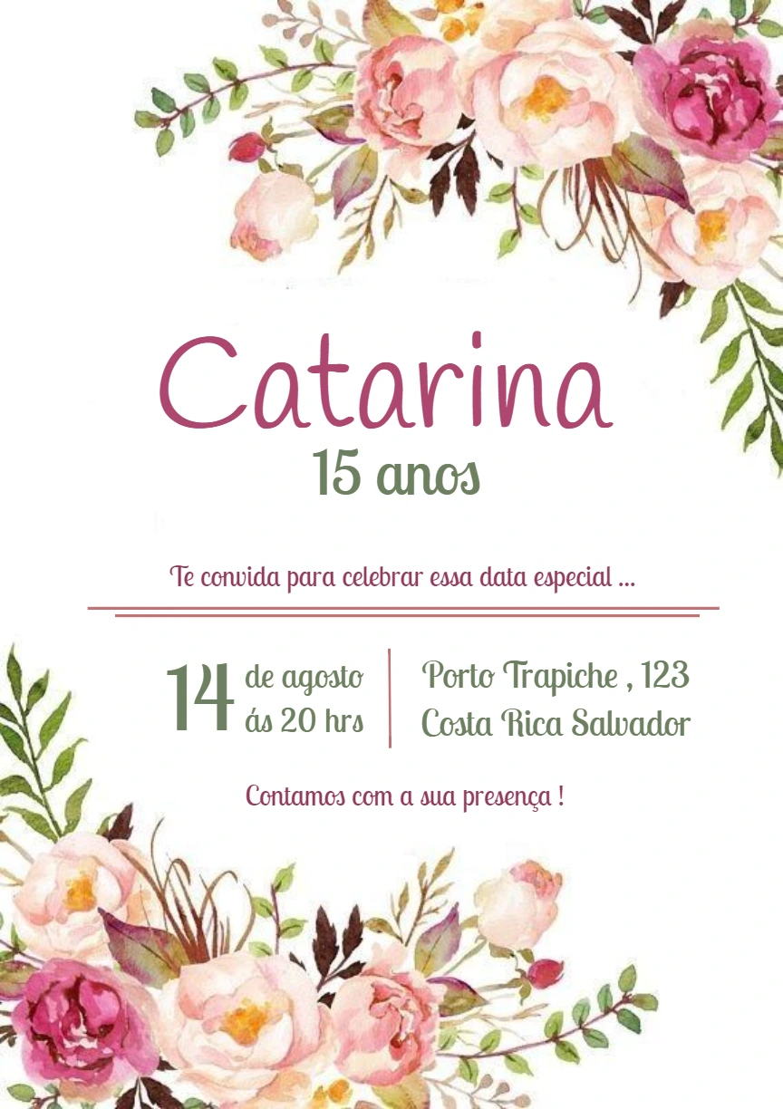 Convite Aniversário 15 Anos Floral Delicado para Editar Online