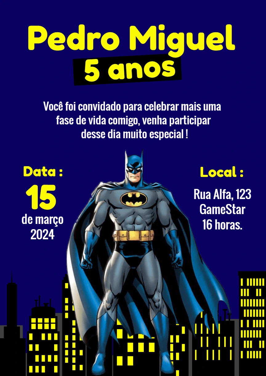 Convite de Aniversário Batman para Editar Online Facilmente