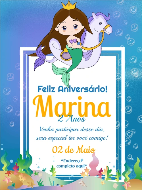 Convite de Aniversário Sereia para Editar Online