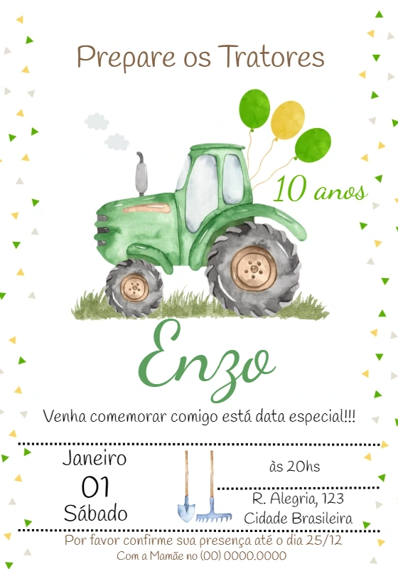 Convite de Aniversário Trator Verde para Editar Online
