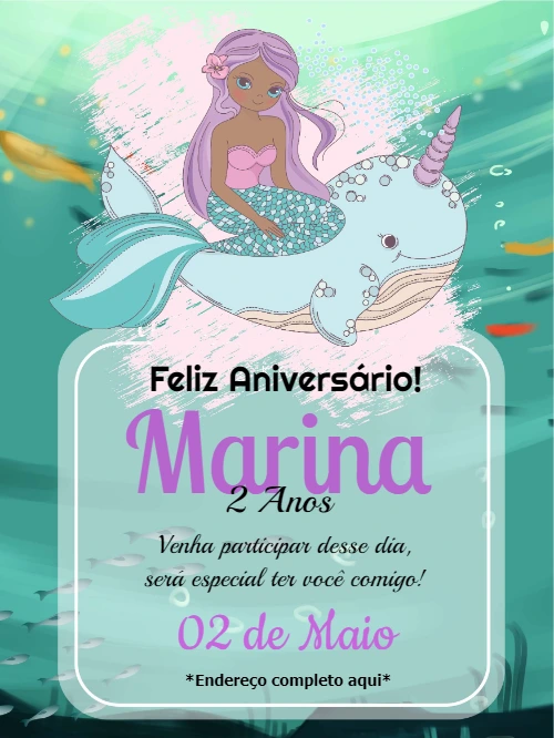 Convite de Aniversário Sereia e Narval para Editar Online
