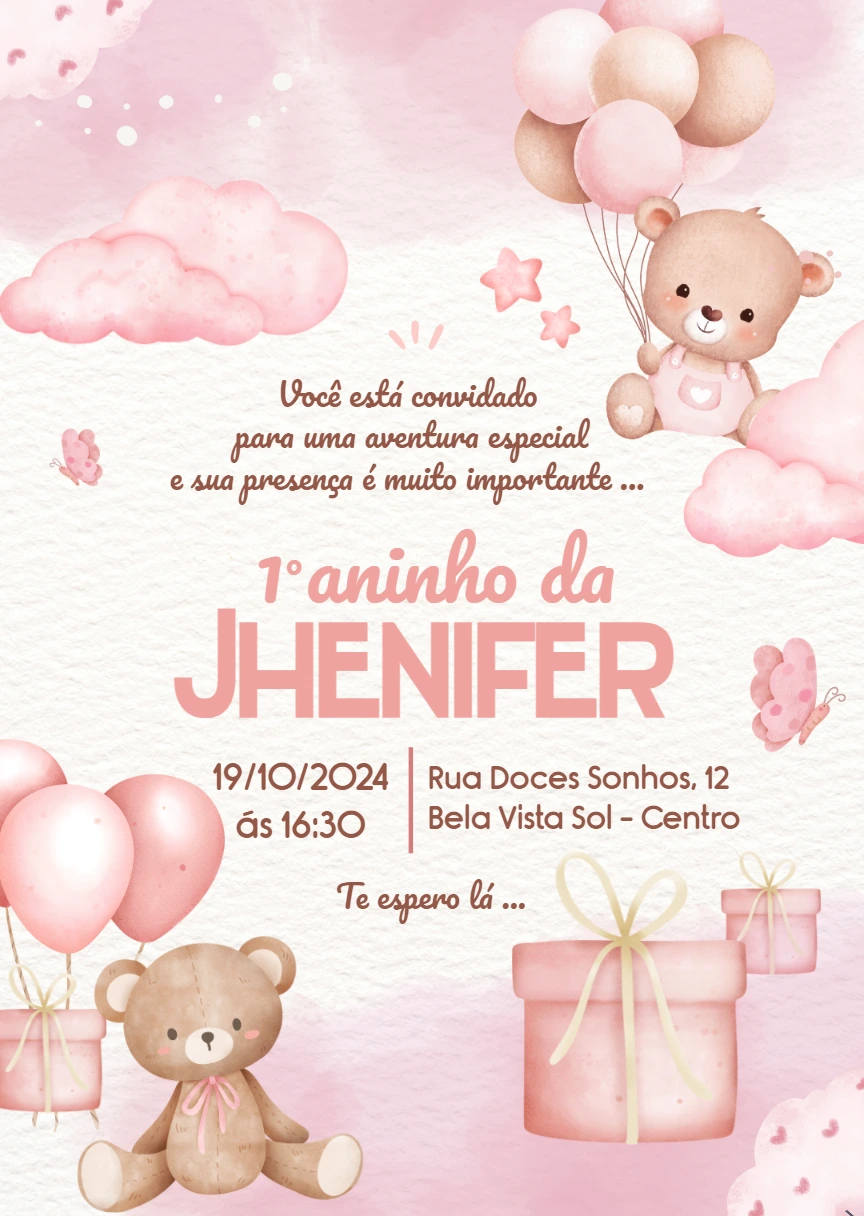 Convite Aniversário Ursinha Aquarela Editável Online