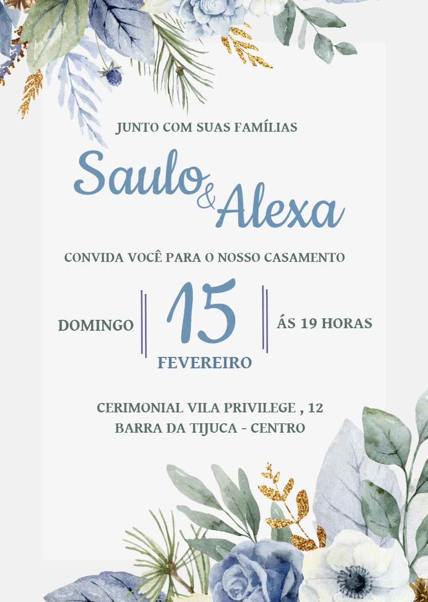 Convite de Casamento Floral Azul com Dourado para Editar Online