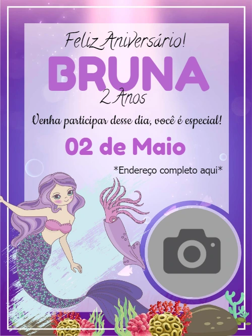 Convite de Aniversário Sereia com Foto para Editar Online