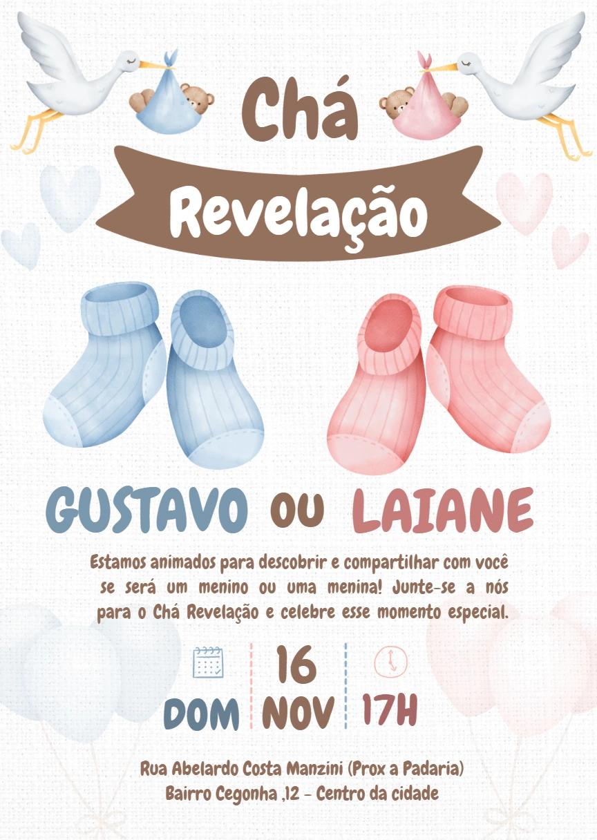 Convite Chá Revelação Cegonhas e Sapatinhos para Editar Online