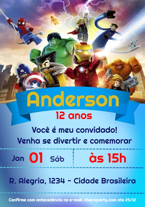 Convite de Aniversário Lego Vingadores para Editar Online