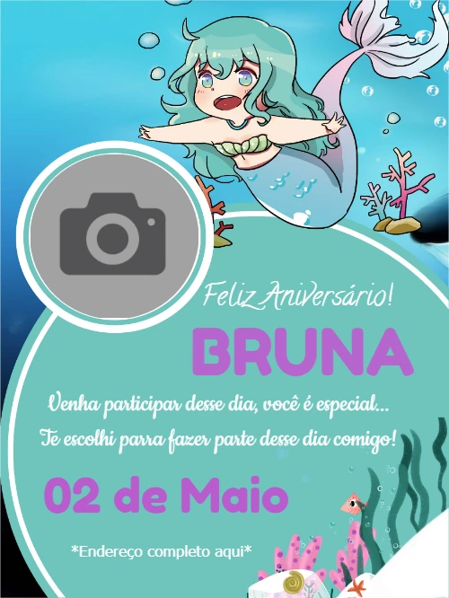 Convite Aniversário Sereia com Foto para Editar Online