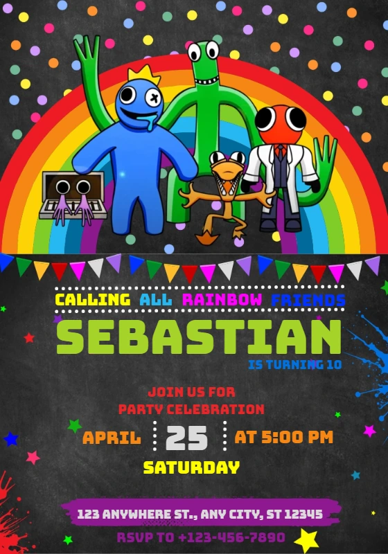 Rainbow Friends Birthday Invitation with Characters to Edit Online