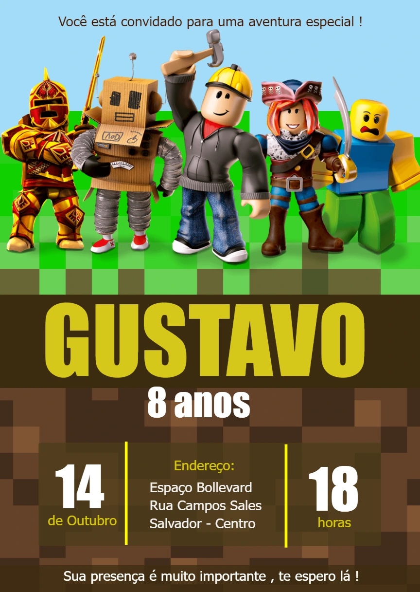 Convite de Aniversário Roblox com Personagens para Editar